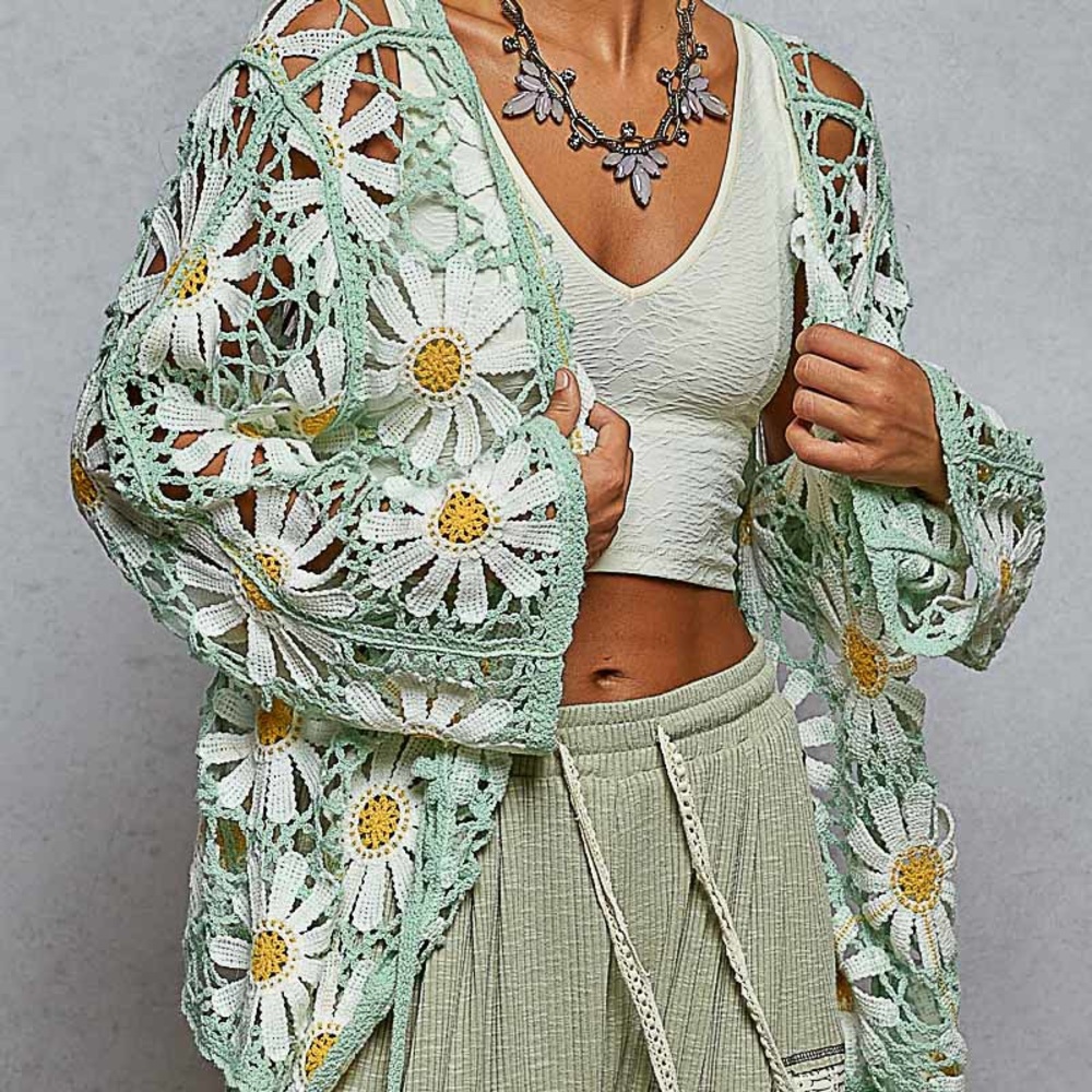 NWT POL Bohemian Mint Daisy Crochet Lace Cardigan Sweater One Size